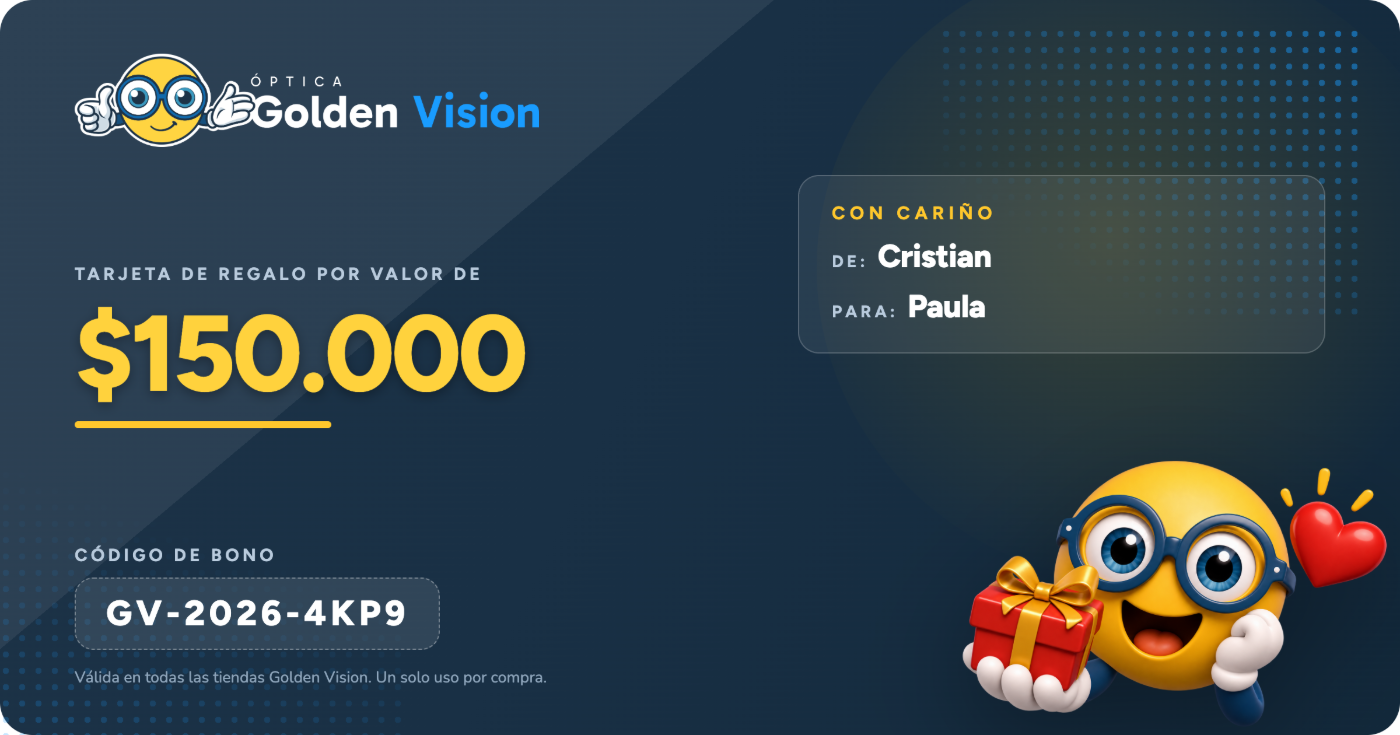 Tarjeta de regalo de Óptica Golden Vision por $150.000 con dedicatoria y código de bono