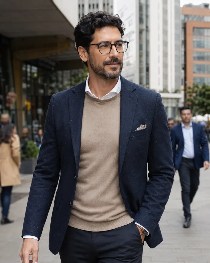 Hombre con gafas caminando por la ciudad