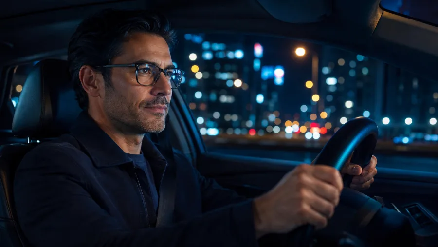Conductor con gafas de noche en la ciudad